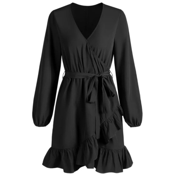 NWT Zaful Women's Casual V Neck Layered Wood Ear Edge Solid Color Dress B… - Picture 1 of 4